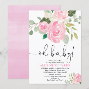 Invitación Oh bebé chica Rubor bebé ducha acuarelas florales
