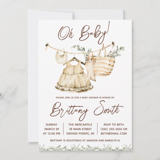 Invitación Oh bebé, Chicas Layette, Eucalyptus Baby Shower (Anverso)
