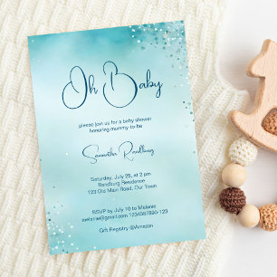 Invitación Oh bebé cian aqua ducha azul bebé