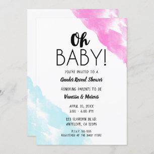 Invitación Oh bebé color azul rosa de agua género ducha revel