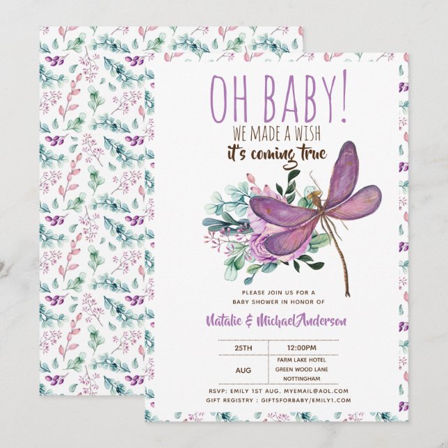 Invitación Oh Bebé DRAGONFLY Haz una floral de Baby Shower de (Anverso / Reverso)