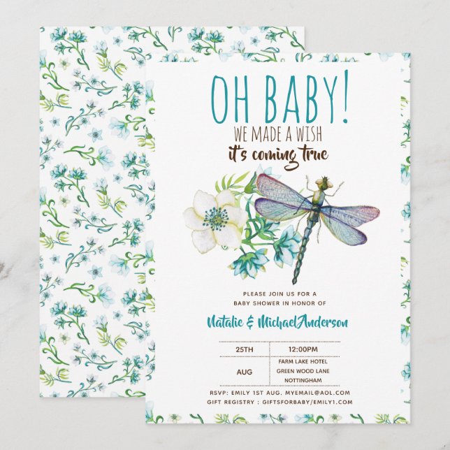 Invitación Oh Bebé DRAGONFLY Haz una floral de Baby Shower de (Anverso / Reverso)