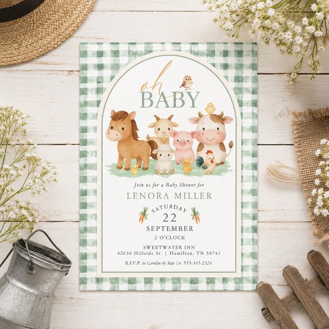 Invitación ¡Oh bebé! Ducha de bebé de animales de granja con  (Oh Baby! Green Gingham Farm Animal Baby Shower Invitation)