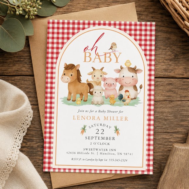 Invitación ¡Oh bebé! Ducha de bebé de animales de granja con  (Oh Baby! Red Gingham Farm Animal Baby Shower Invitation)