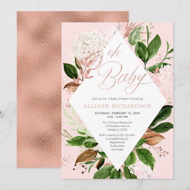 Invitación Oh bebé ducha rosa hojas verdes de oro (Anverso / Reverso)