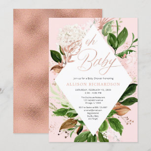 Invitación Oh bebé ducha rosa hojas verdes de oro