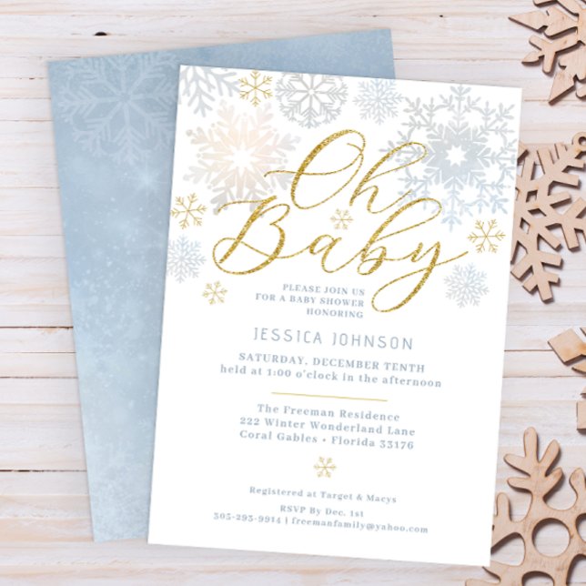 Invitación Oh Bebé Dusty Blue Snowflake Shower Invite (Oh Baby Winter Wonderland Baby Shower Invitation - Dusty Blue & Glitter Gold)