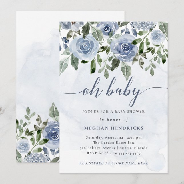 Invitación Oh bebé | Dusty Blue Watercolor Flores Ducha (Anverso / Reverso)