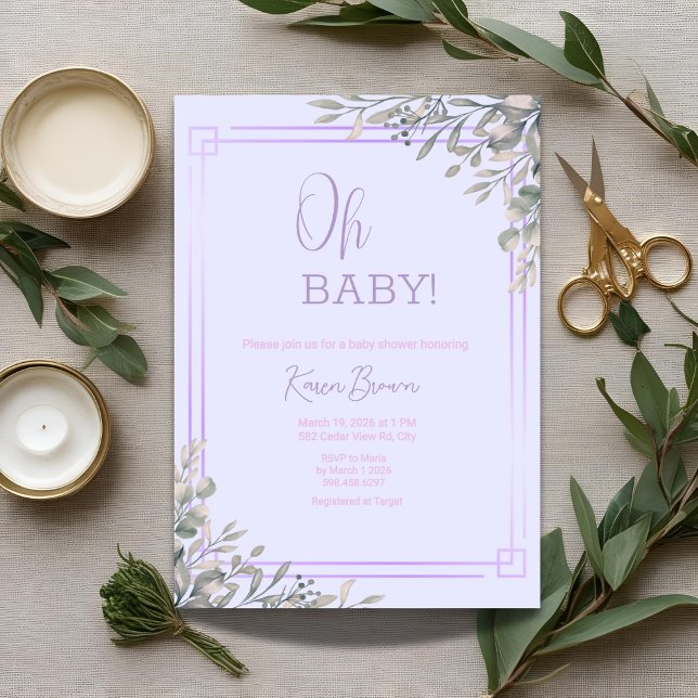 Invitación Oh bebé elegante vegetación y Baby Shower rosa (Subido por el creador)