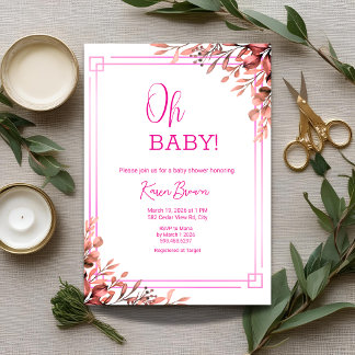 Invitación Oh bebé elegante vegetación y Baby Shower rosa
