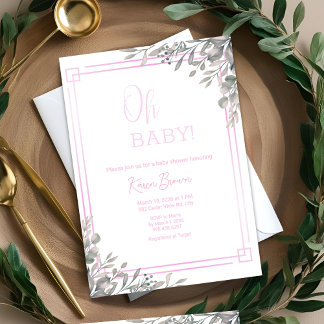 Invitación Oh bebé elegante vegetación y Baby Shower rosa