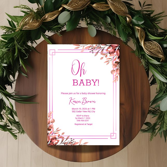 Invitación Oh bebé elegante vegetación y Baby Shower rosa (Subido por el creador)