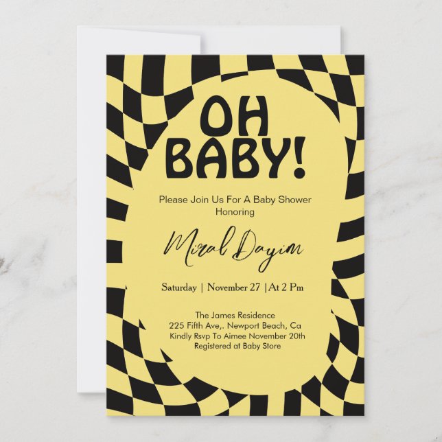 Invitación ¡Oh bebé! Fiesta de Bebé Moderna a Cuadros Amarill (Anverso)