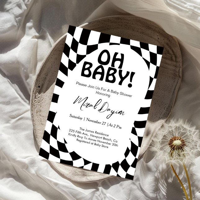 Invitación ¡Oh bebé! Fiesta de bebé moderna con cuadros negro (Subido por el creador)
