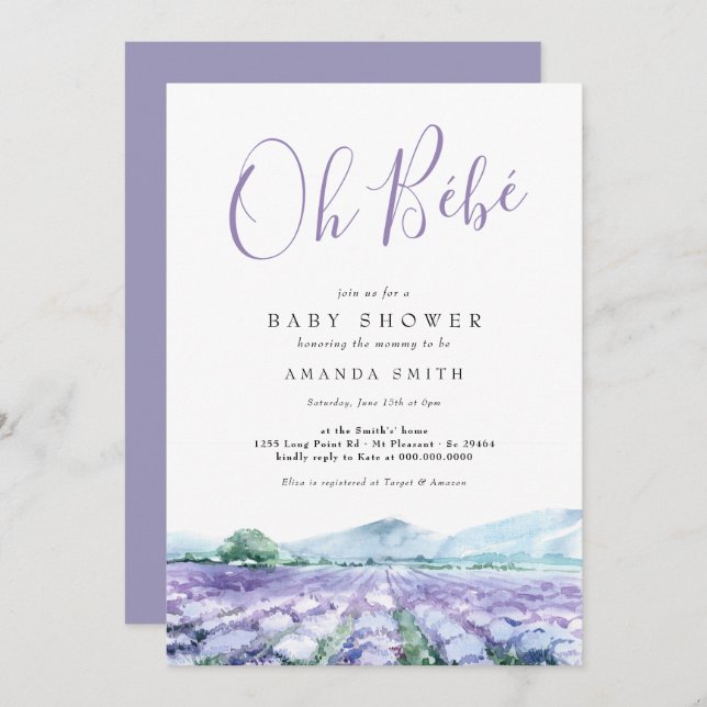 Invitación Oh Bebe French Lavender Baby Shower (Anverso / Reverso)
