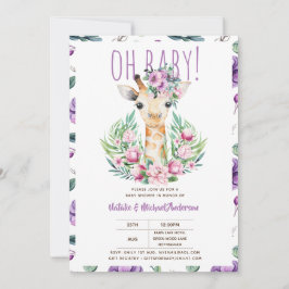 Invitación Oh bebé GIRAFFE con flores moradas ducha moderna