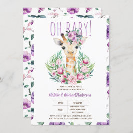 Invitación Oh bebé GIRAFFE con flores moradas ducha moderna