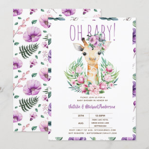 Invitación Oh bebé GIRAFFE con flores moradas ducha moderna