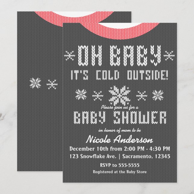Invitación OH BEBÉ Invierno Baby Shower Knit Sweater Gray Red (Anverso / Reverso)