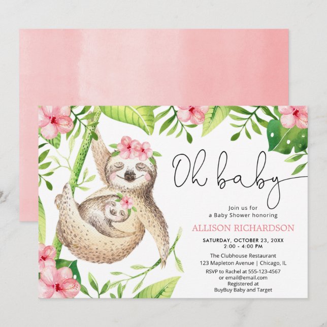 Invitación Oh Bebé lindo perezoso chica tropical rosa bebé du (Anverso / Reverso)