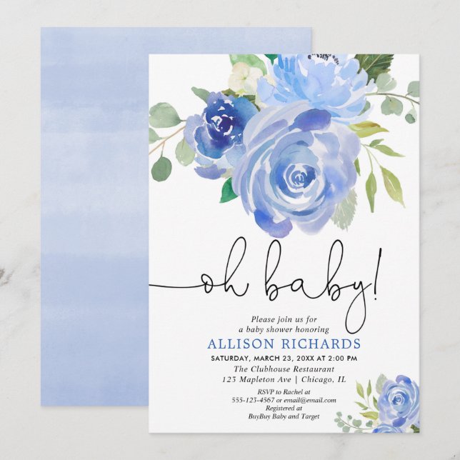 Invitación Oh bebé Naval azul floral bebé ducha (Anverso / Reverso)