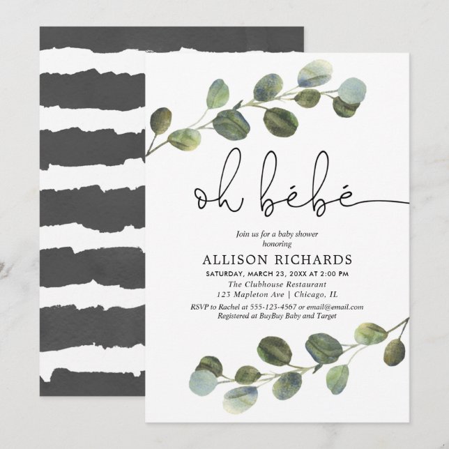 Invitación Oh bebe negro blanco verde ducha de bebé (Anverso / Reverso)