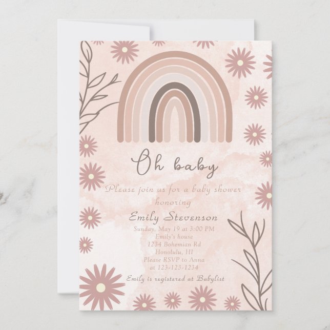 Invitación Oh Bebé Neutral Rainbow Baby Shower Boho Floral (Anverso)