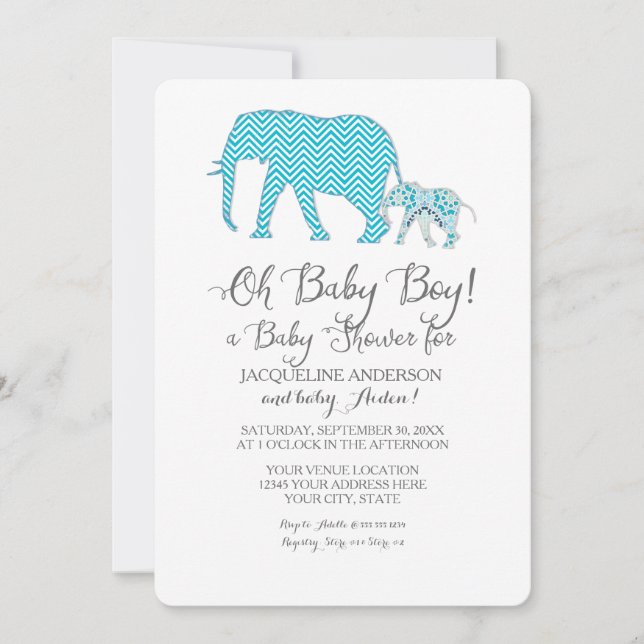 Invitación Oh bebé niño ducha Elefante tipografía moderna (Anverso)