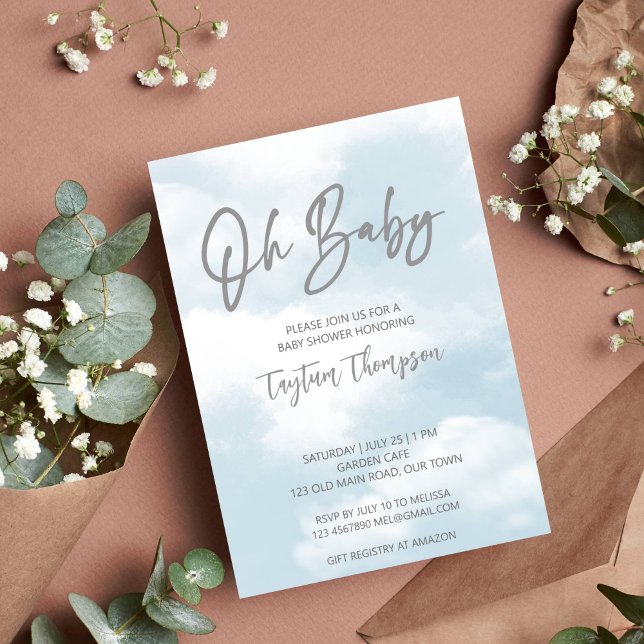 Invitación Oh bebé nube ducha nubes grises bebé ducha (Oh baby cloud baby shower pastel grey clouds gender neutral invitation template instant download)