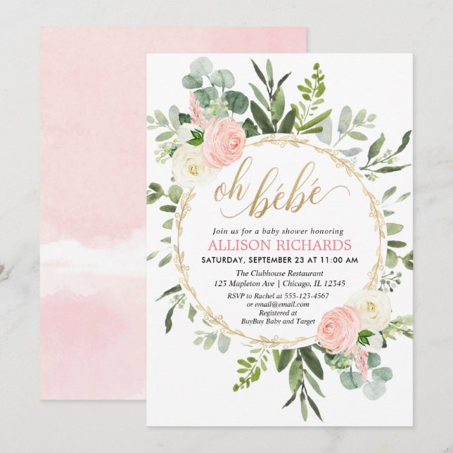 Invitación Oh Bebe oro rosa chica floral francés ducha bebé (Anverso / Reverso)