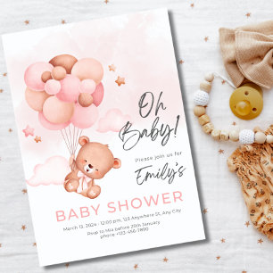 Invitación Oh Bebé Oso de Peluche con Globo Chica Baby Shower