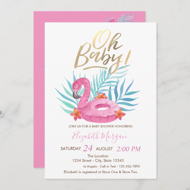 Invitación Oh bebé Palm rosa Flamingo deja Baby Shower (Anverso / Reverso)