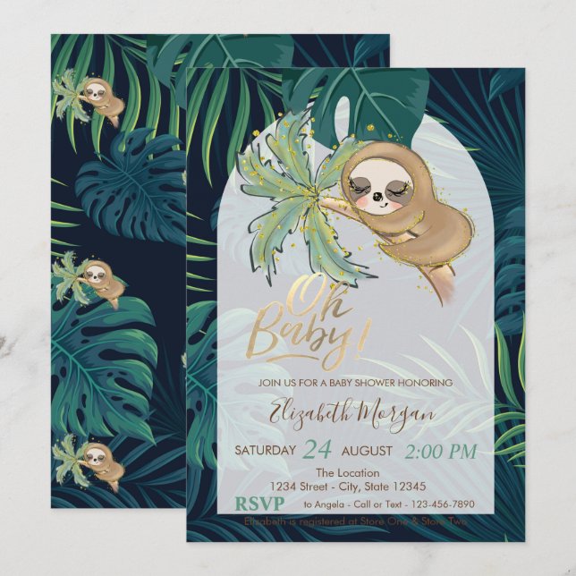 Invitación Oh Bebé Perezoso Durmiendo Hoja de Palma Fiesta de (Anverso / Reverso)