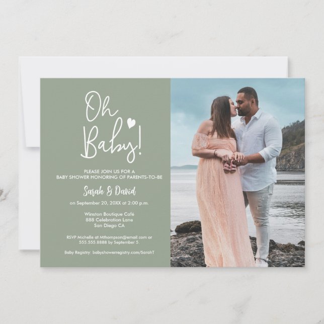 Invitación Oh bebé Personalizado verde foto ducha de pareja (Anverso)