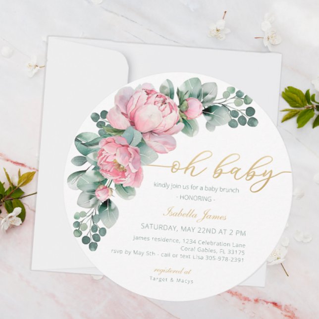 Invitación Oh bebé Pink y Gold Floral Greeneration Chica Baby (Oh Baby - Baby Shower Invite)