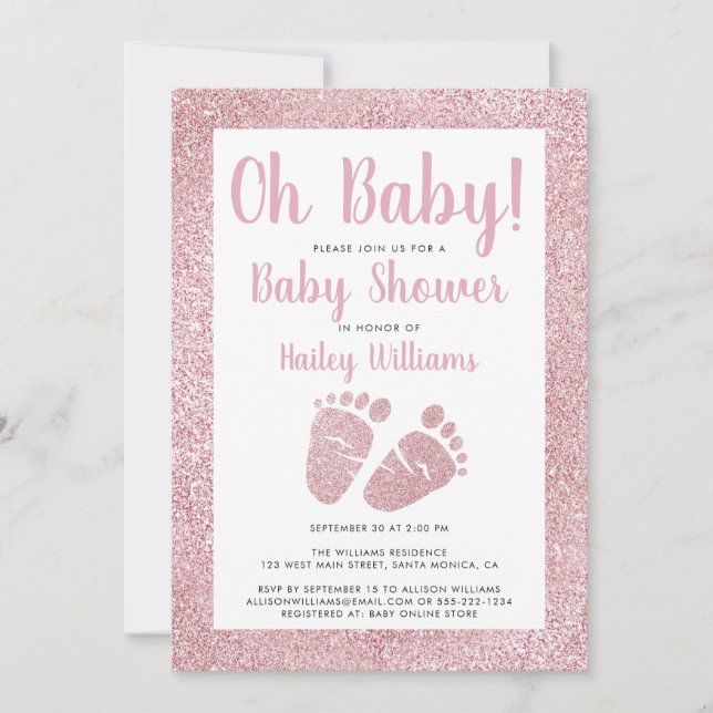 Invitación Oh bebé Purpurina Rosa, bebé, bebé, niña ducha (Anverso)