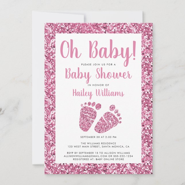 Invitación Oh bebé Purpurina rosado bebé pies de bebé Baby Sh (Anverso)