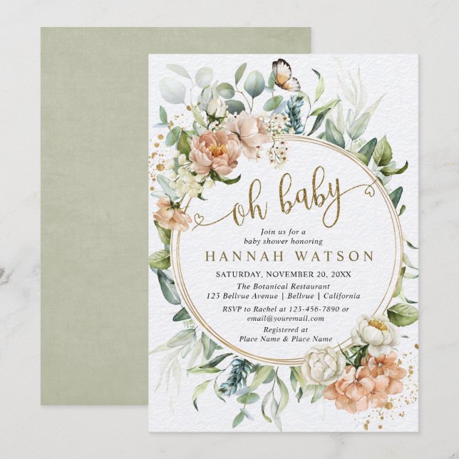 Invitación Oh bebé Rosa botánico Eucalyptus Baby Shower (Anverso / Reverso)