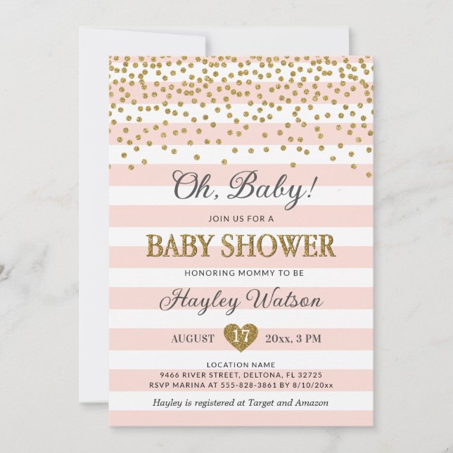 Invitación Oh Bebé Rubor Pink Gold Confetti Baby Shower (Anverso)