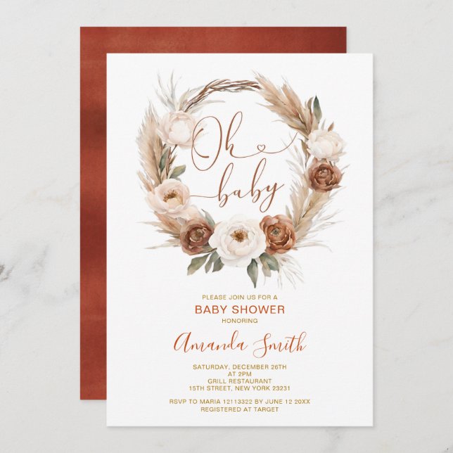 Invitación Oh bebé Rústico Terracota Naranja Floral Baby Show (Anverso / Reverso)