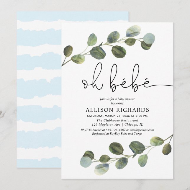 Invitación Oh bebe tema francés azul niño blanco negro (Anverso / Reverso)