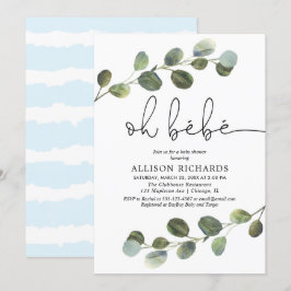 Invitación Oh bebe tema francés azul niño blanco negro