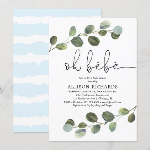 Invitación Oh bebe tema francés azul niño blanco negro