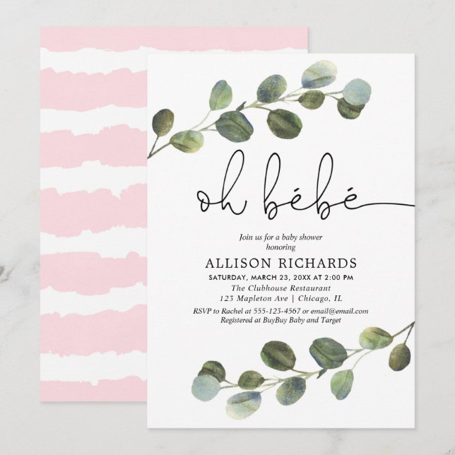 Invitación Oh bebe tema francés chica blanco rosado (Anverso / Reverso)