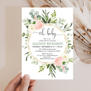 Invitación Oh bebé vegetación oro rosa chica floral  bebé