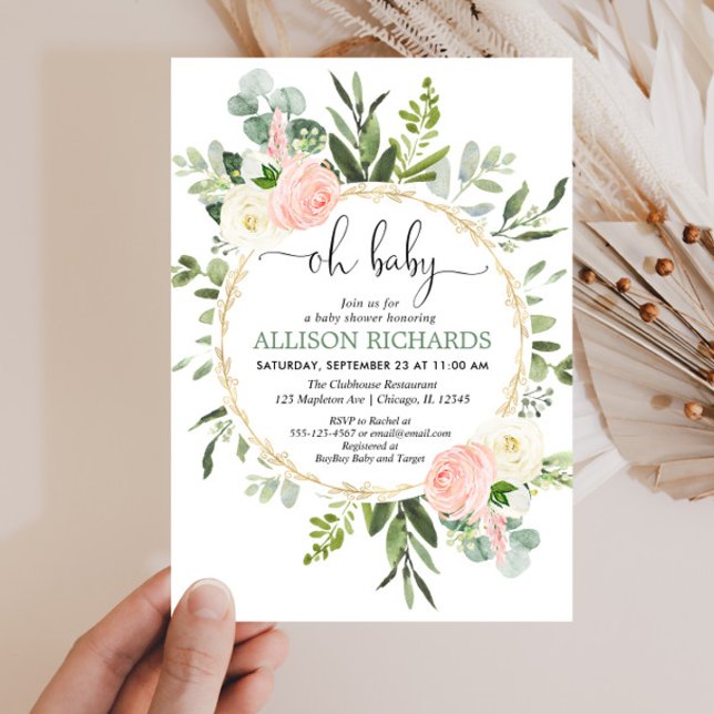 Invitación Oh bebé vegetación oro rosa chica floral  bebé (Subido por el creador)
