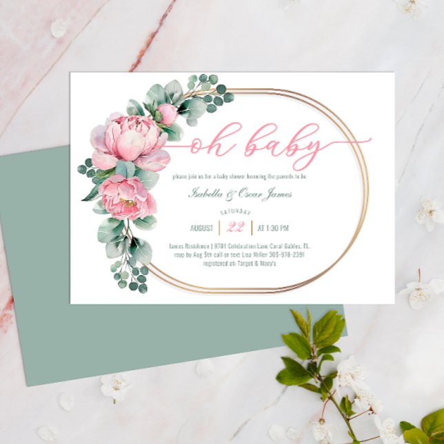 Invitación Oh bebé vegetación y Chica floral rosa Baby Shower (Oh Baby Shower Invite)