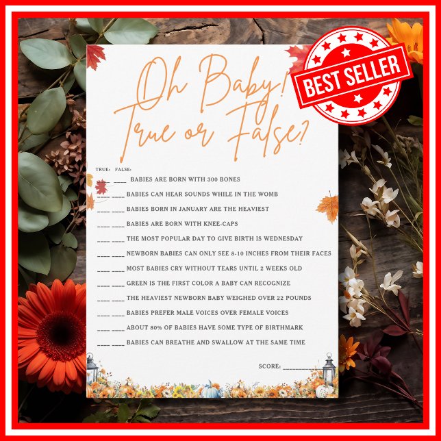 Invitación OH BEBÉ VERDADERO O FALSO BOMBARDEO DE Baby Shower (OH BABY TRUE OR FALSE Easy Baby Shower Game A Little Pumpkin is on the Way Fall Autumn Theme )