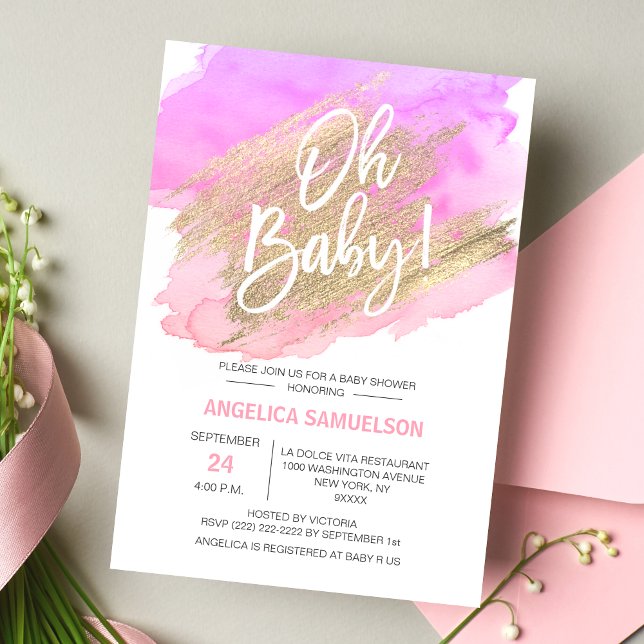 Invitación ¡OH BEBÉ! Watercolor Gold Pink Purple Baby Shower (OH BABY! Watercolor Gold Pink Purple Baby Shower Invitation.  Modern & trendy invites for baby girl)