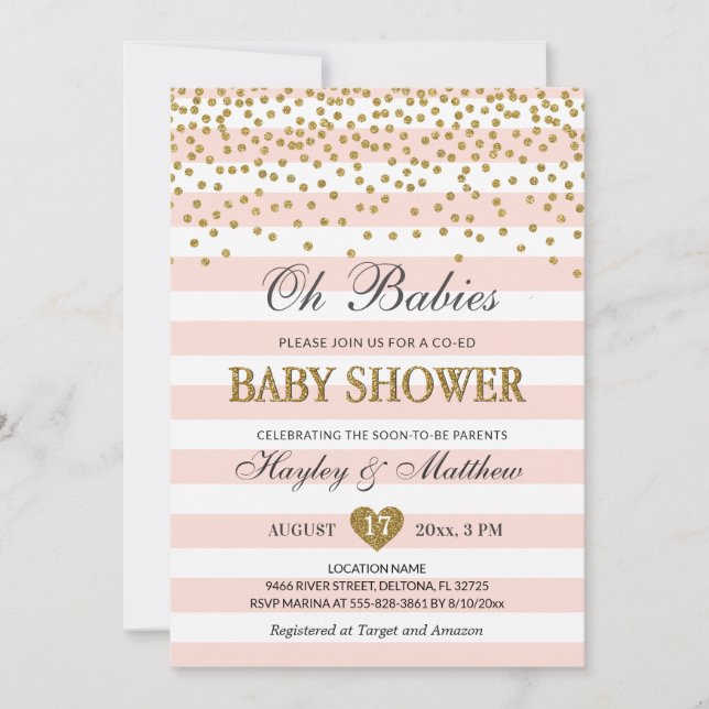 Invitación Oh bebés Chicas gemelos Co-ed Baby Shower Rubor Go (Anverso)